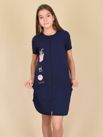 Халат для девочки, темно-синий с котиком
