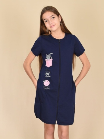 Халат для девочки, темно-синий с котиком