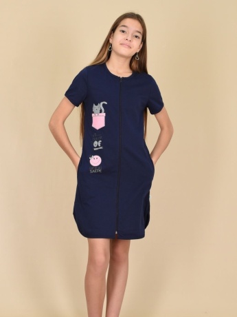 Халат для девочки, темно-синий с котиком