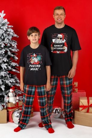 Пижама для мальчика новогодняя family look Традиция-1 черный