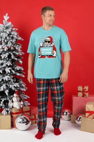 Пижама мужская новогодняя family look Традиция-2 ментоловый