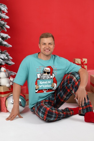 Пижама мужская новогодняя family look Традиция-2 ментоловый