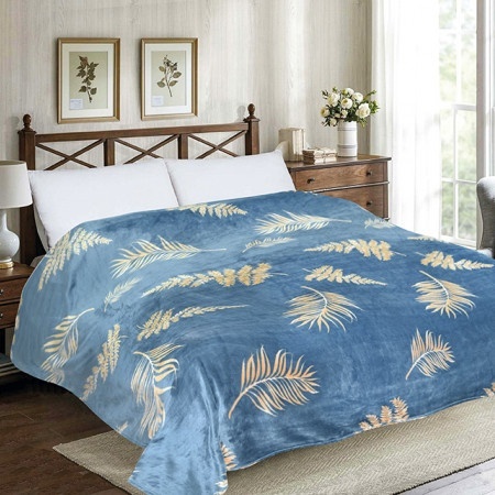 Плед велсофт сине-голубой с листьями