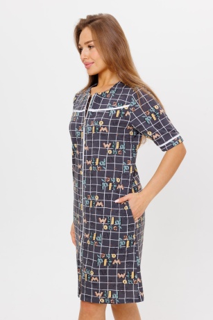 Халат женский серый, клетка и надписи