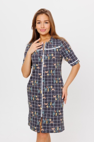 Халат женский серый, клетка и надписи