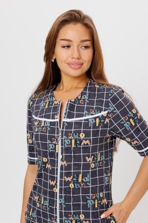 Халат женский серый, клетка и надписи