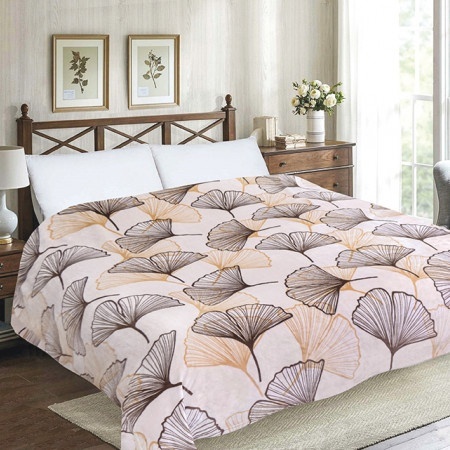 Плед велсофт светло-бежевый с листьями