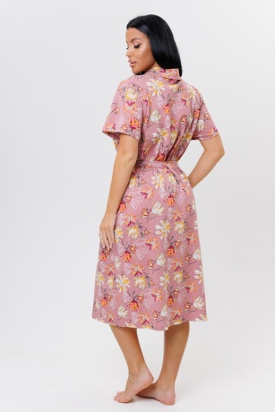 Халат женский розовый, цветы с поясом