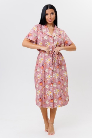 Халат женский розовый, цветы с поясом