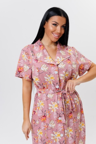 Халат женский розовый, цветы с поясом