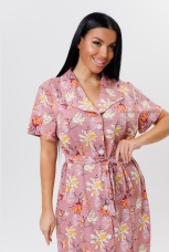 Халат женский розовый, цветы с поясом