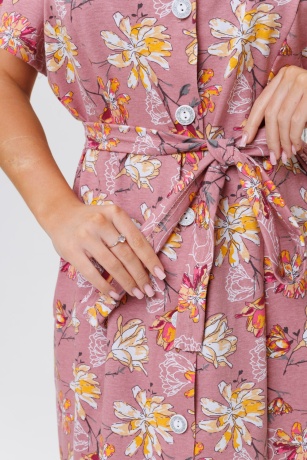 Халат женский розовый, цветы с поясом