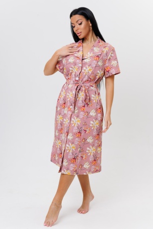 Халат женский розовый, цветы с поясом