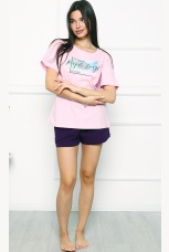 Комплект женский розовая футболка и темно-синие шорты