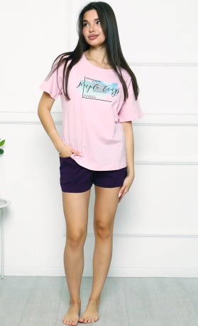 Комплект женский розовая футболка и темно-синие шорты
