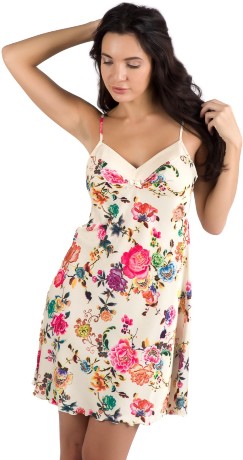 Сорочка женская из искусственного шелка, бежевая с яркими цветами