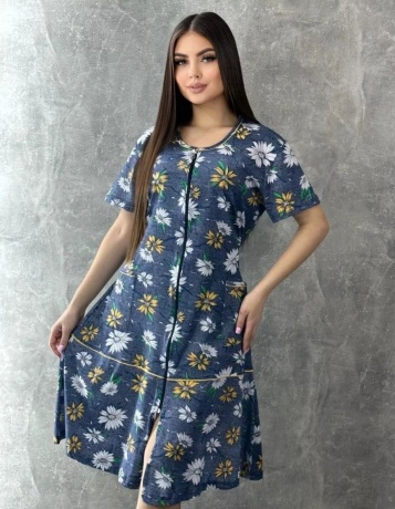 Халат женский синий с цветами на молнии