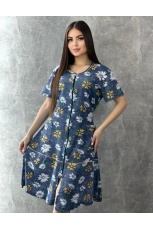 Халат женский синий с цветами на молнии