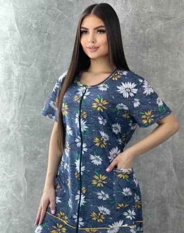 Халат женский синий с цветами на молнии