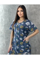 Халат женский синий с цветами на молнии