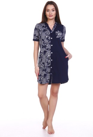 Халат женский темно-синий с цветами на пуговицах