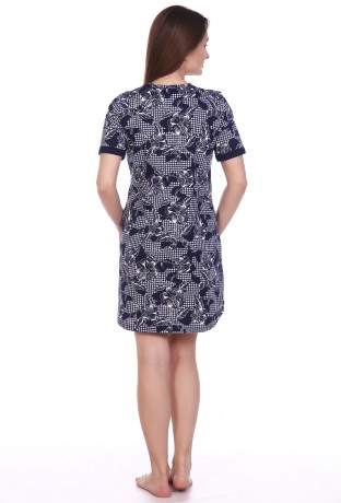 Халат женский темно-синий с цветами на пуговицах