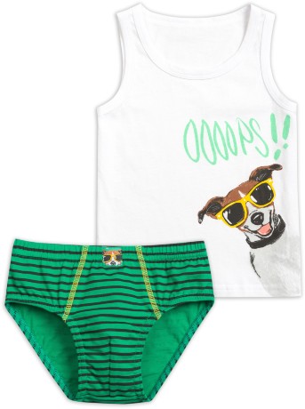 Комплект для мальчиков белая майка с собакой и зеленые трусы