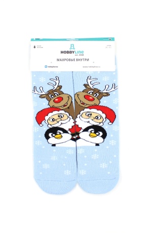 Женские носки Олень, Дед Мороз и пингвин (с махрой внутри)