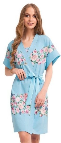 Халат женский голубой с цветами на запахе  с атласным поясом